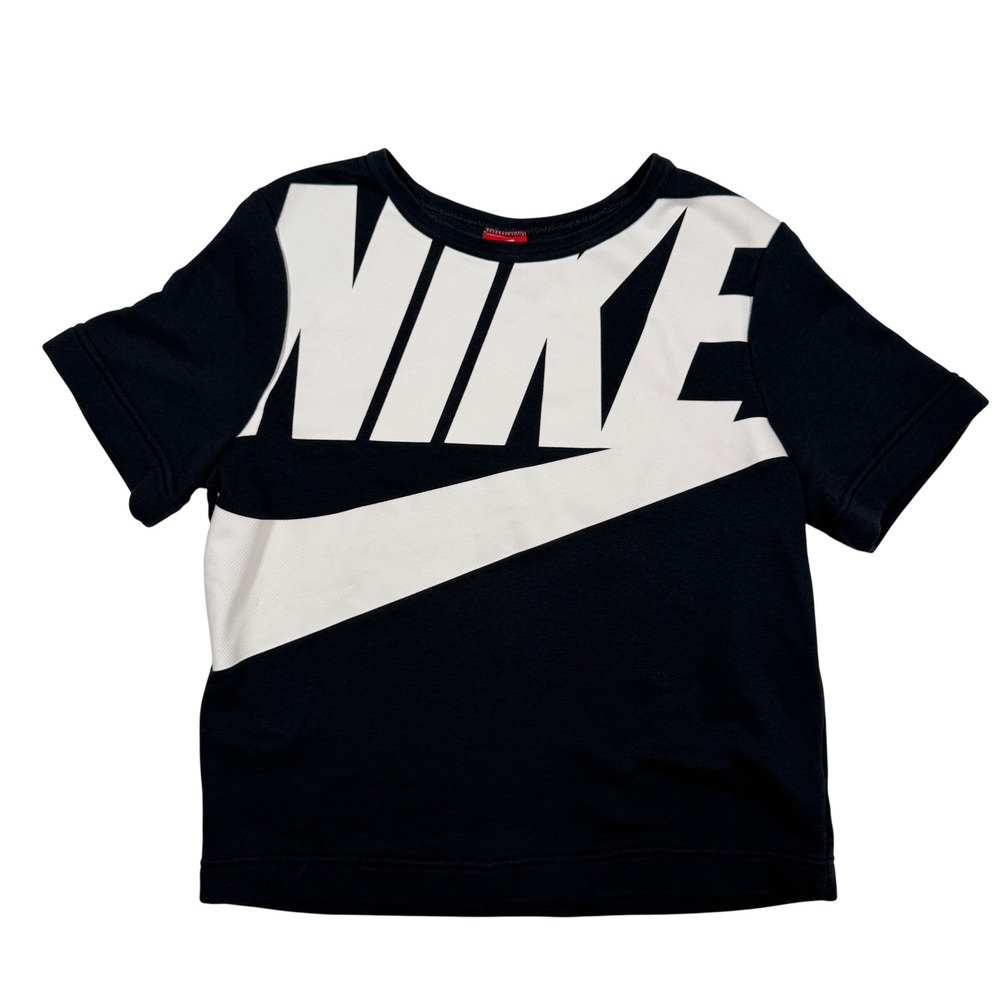 Nike Womens Big Logo Oversized Swoosh Short Sleeve Top Black White Medium 90's